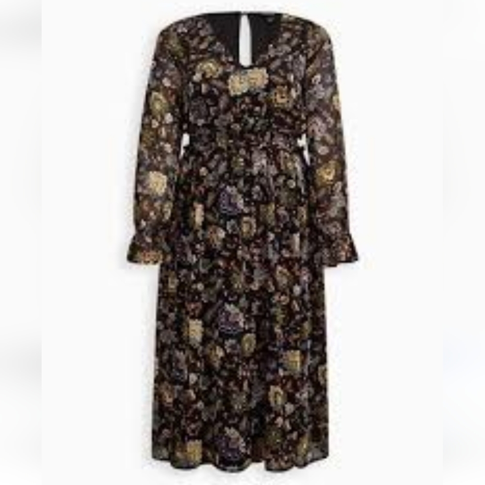 Torrid Maxi Chiffon Lurex V Neck Tiered Dress Black Floral Size 2 (18-20)